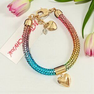 Betsey Johnson Rainbow Crystal Bracelet - Heart Dangle - Signed - NWT